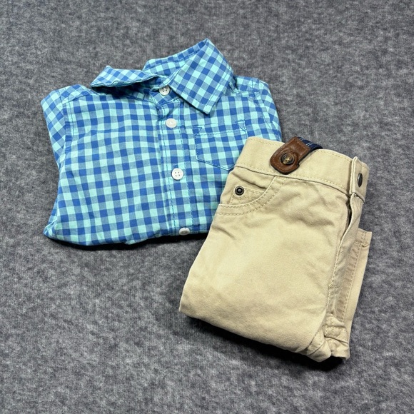 Carter's Blue Gingham Button-Up Bodysuit with Khaki Pants & Navy Suspenders - Picture 12 of 12